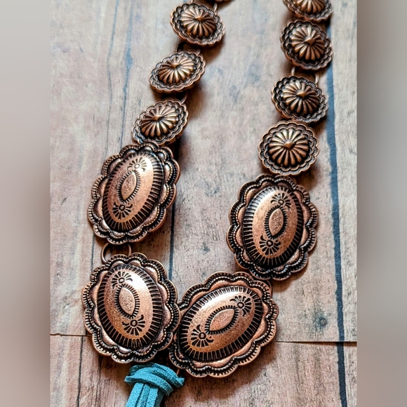 Original Designed Copper Concho Boho Western Necklace With Turquoise Suede Frnge - Picture 6 of 6